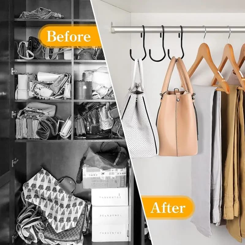 10 Pcs Black Heavy Duty S Shape Wardrobe Hooks No Drill Anti Slip For Bag Clothes Plant Pot Home Storage