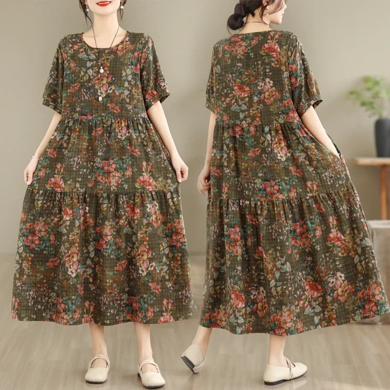 Retro Artistic Bamboo Cotton Linen Dress Loose Print Summer New Style Short Sleeve Long Skirt Thin Base Dress Daily Wear