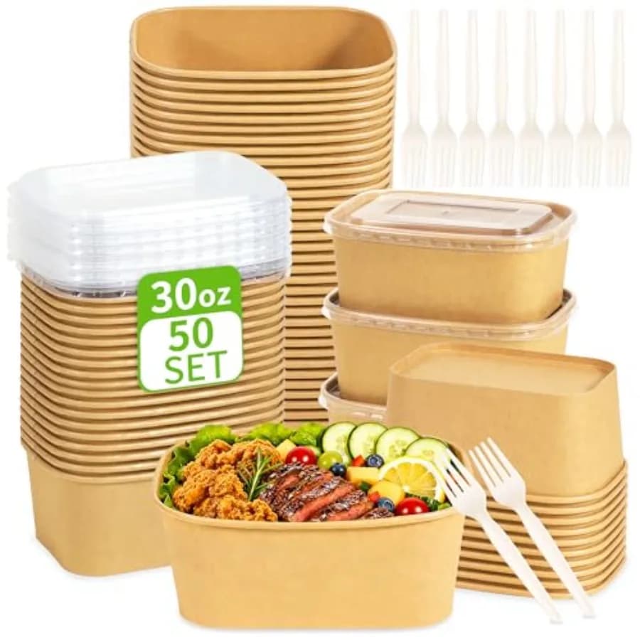 Confezione da 50 contenitori monouso per la preparazione dei pasti, ciotole compostabili in carta kraft con coperchi e forchette, contenitori per alimenti da asporto, adatti al microonde.