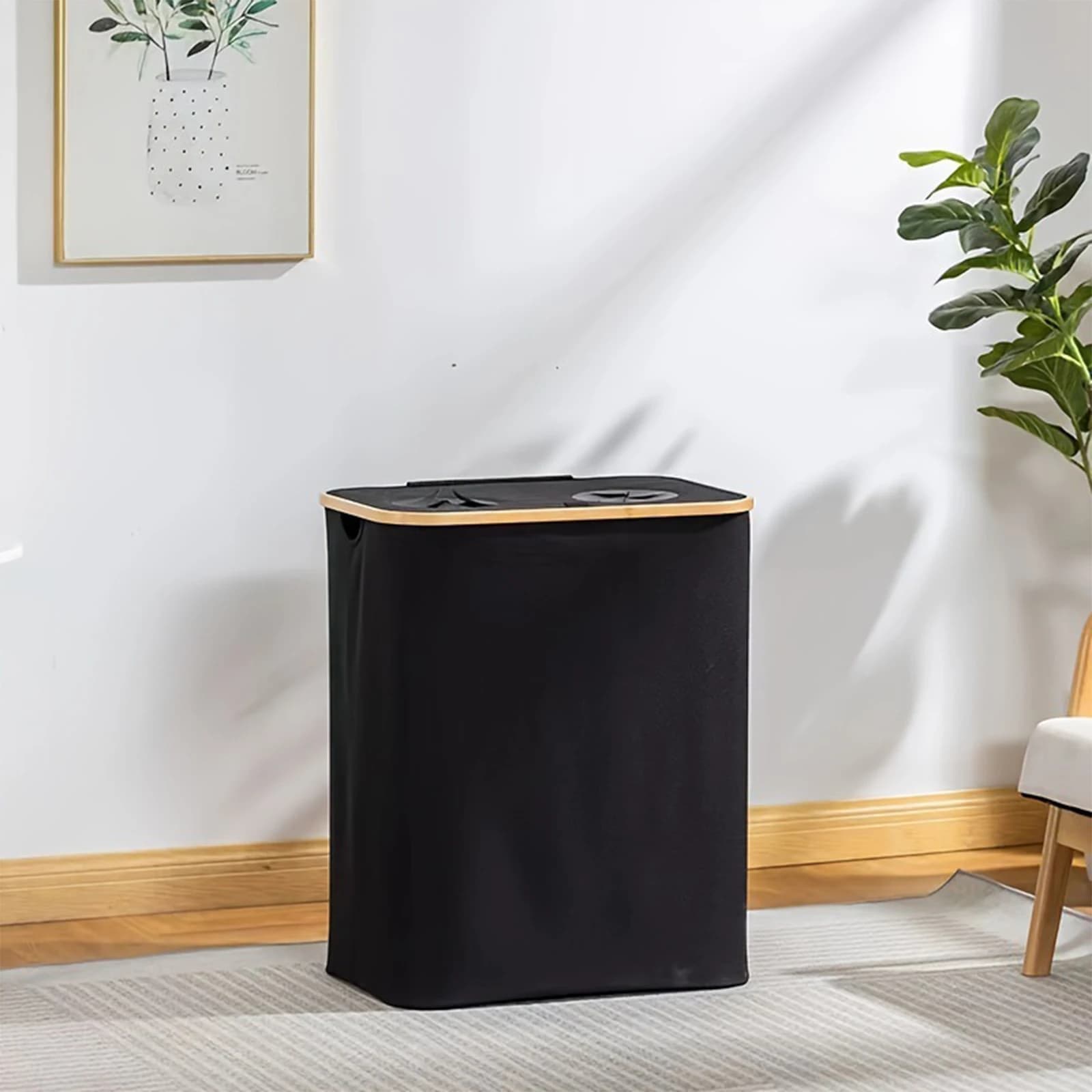 140L Foldable Oxford 2 Sections Large Dual Laundry Basket with Lid Clothes Hamper Removable Bag for Living Room Bathroom Bedroom