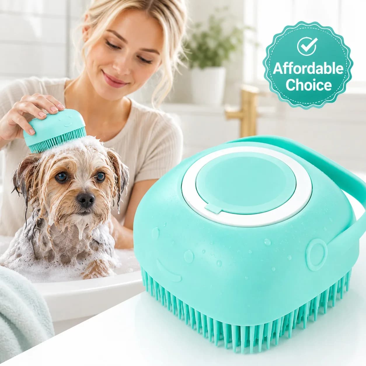 Pet Bath Brush with Soap Dispenser, Soft Silicone Dog Grooming Brush for Shampoo Massage Cleaning and Shedding Care