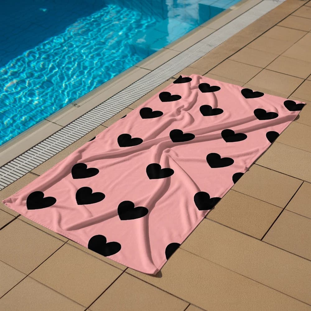 Solid Black Heart Tile Microfiber Quick Dry Beach Towel Cute Cartoon Anime Absorbent Soft Bath Towel for Travel Adult Kids