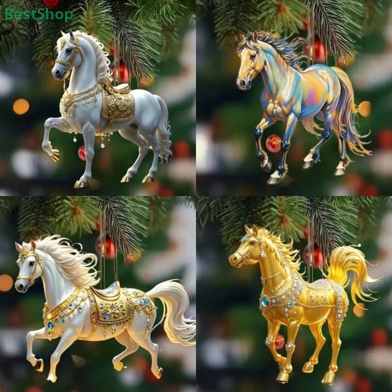 Ciondolo per specchietto retrovisore per auto con cavallo in acrilico 2D, ciondolo per albero di Natale, zaino, ornamento da appendere, decorazione per feste di Capodanno