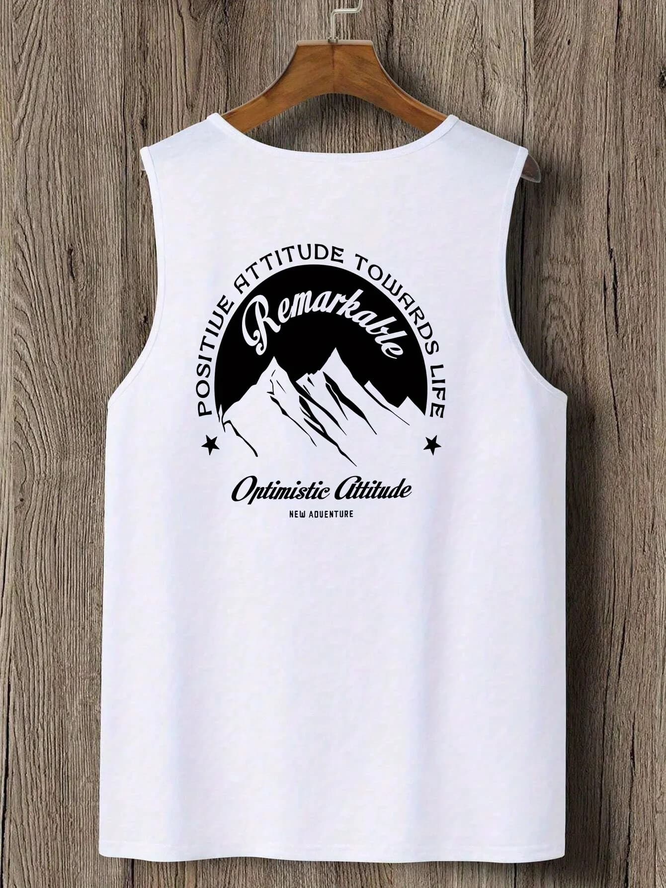 T-shirt with front-back print with snowy mountain, fashionable muscular man style, simple and creative, for an individual look.