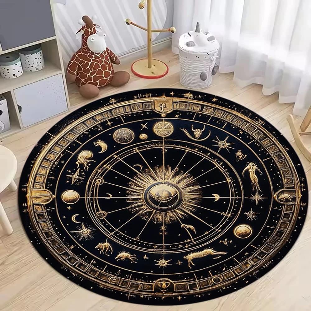 Black Gold Celestial Round Rug with Sun Moon Stars Zodiac Constellation Pattern Mystical Bohemian Style Carpet for Home Decor
