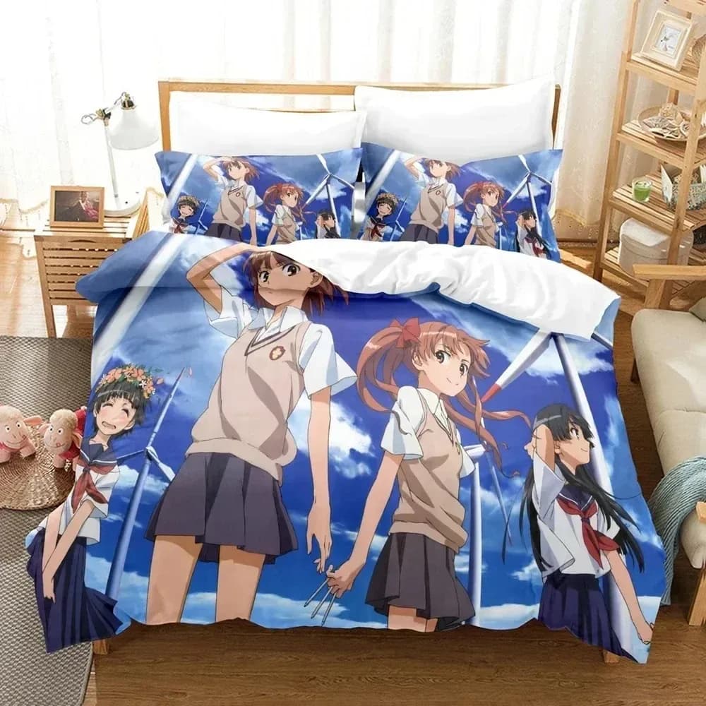 Anime Custina Scientific Railgun Misaka Mikoto Set di biancheria da letto Camera da letto Copriletti morbidi e moderni Comodo copripiumino Federa