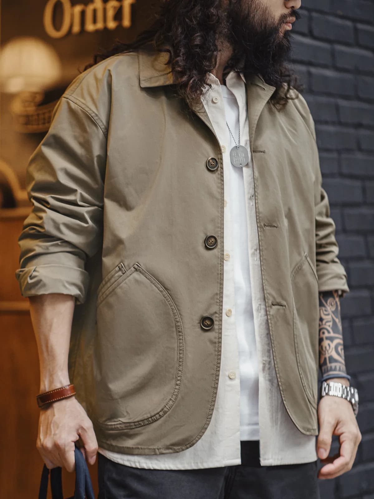 Giacca Casual da Uomo Maden Workwear Vintage con Tasche Oblique, Colletto Sottile in Tessuto, Leggera in Fibra di Poliestere, Maniche Lunghe, Primaverile