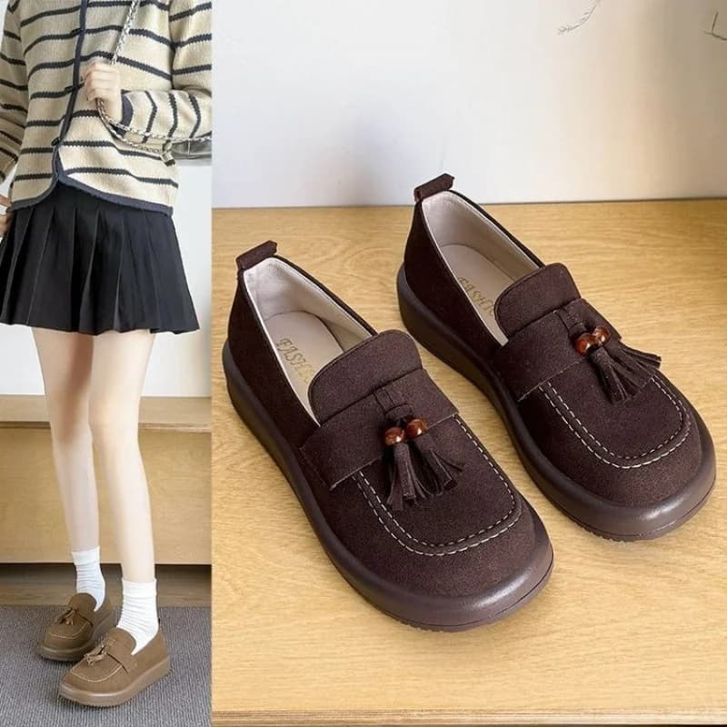 Mocassini da donna in camoscio con nappe | Scarpe Retro Slip-On con Plateau | Comodi Scarpe Basse con Suola Spessa per Stile Quotidiano e Scolastico