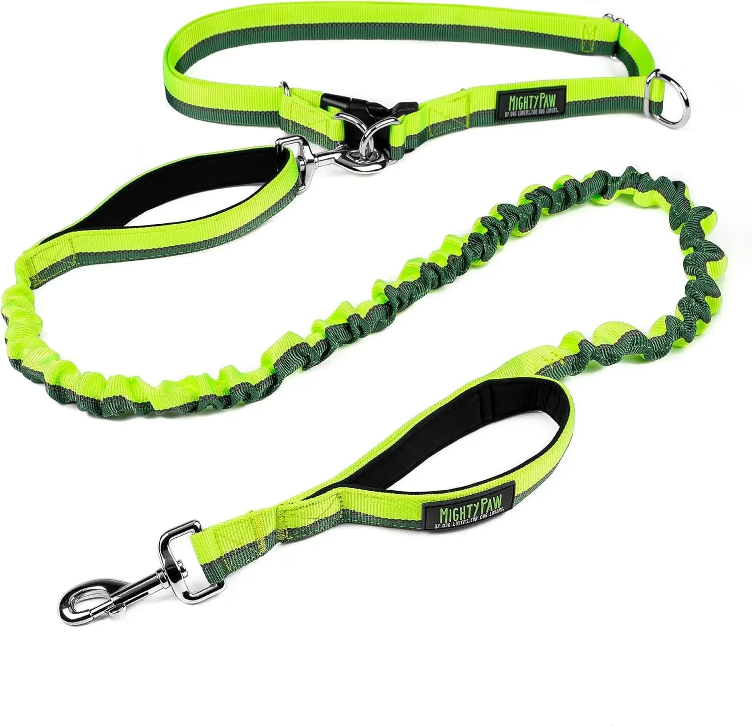 Hand-free dog steering with elastic belt for walking and running, adjustable from 36 to 48 inches, suitable for all breeds up to 150 pounds - Green