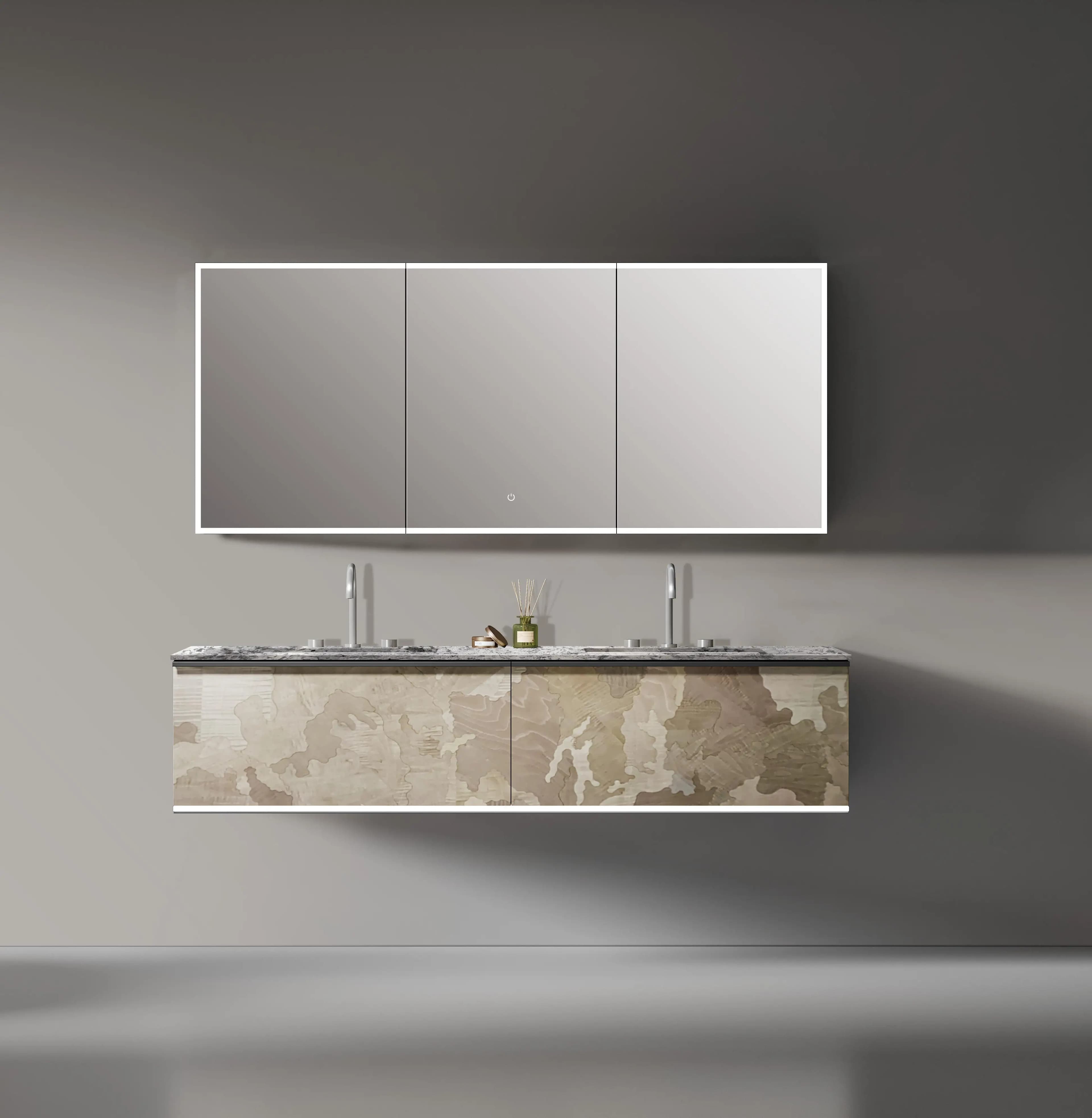 Modern Minimalist Design Rectangle Solid Wood Bathroom Cabinet Hot Sales Wall Mounted Smart Mirror Rock Slab Countertop Features