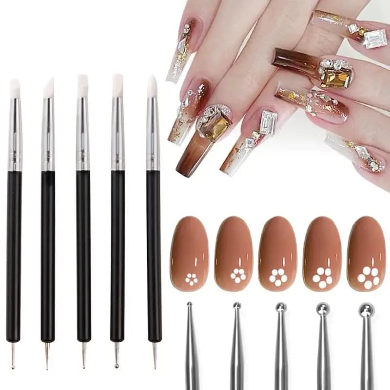 Set da 5 penne in silicone a doppia punta per nail art, applicatore di strass, strumenti per decorazioni 3D e punteggiatura per manicure.