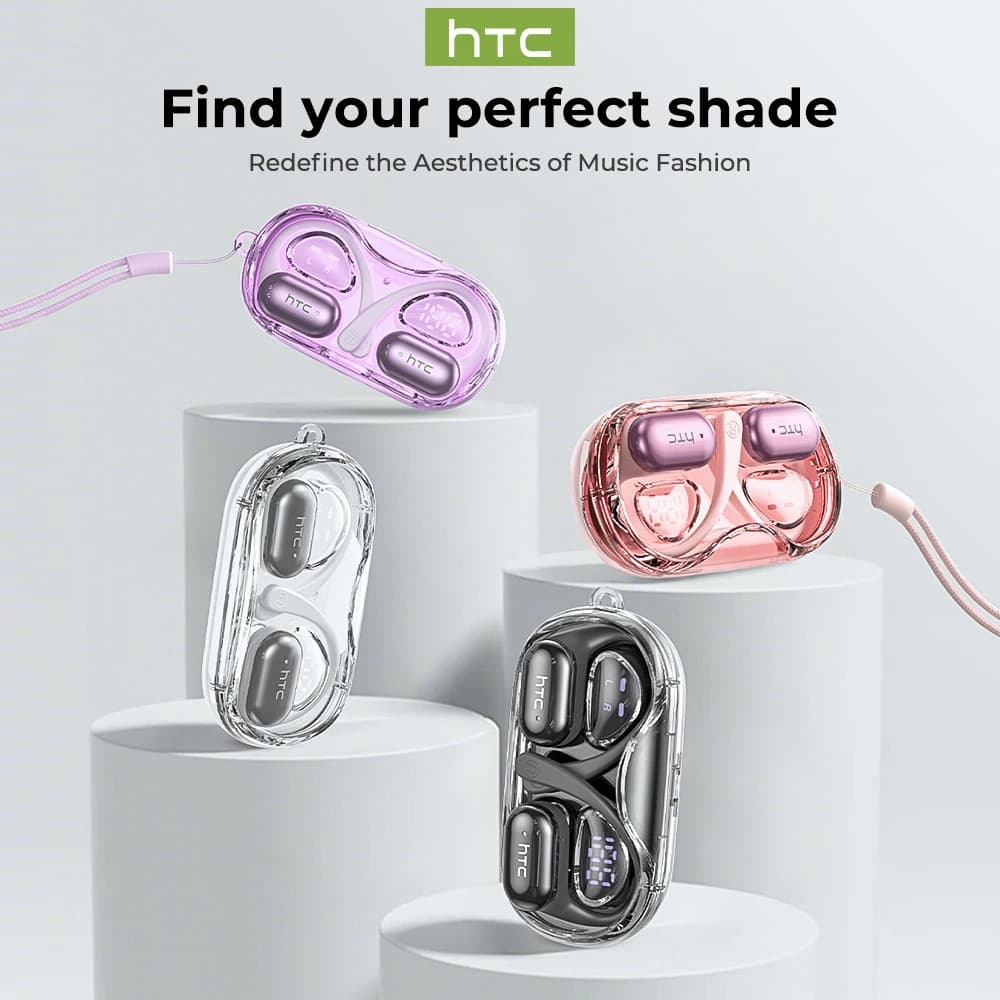 Cuffie Bluetooth HTC NE37 con Traduzione AI in Tempo Reale, Design Open-Ear Comodo per lo Sport, Audio Surround HiFi, Auricolari Non In-Ear