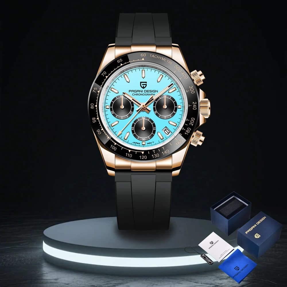 PAGANI DESIGN New Luxury Blue Gold Quartz Watch for Men Gift Pack VK63 Chronograph Movt Stainless Steel Watch with Sapphire Crystal