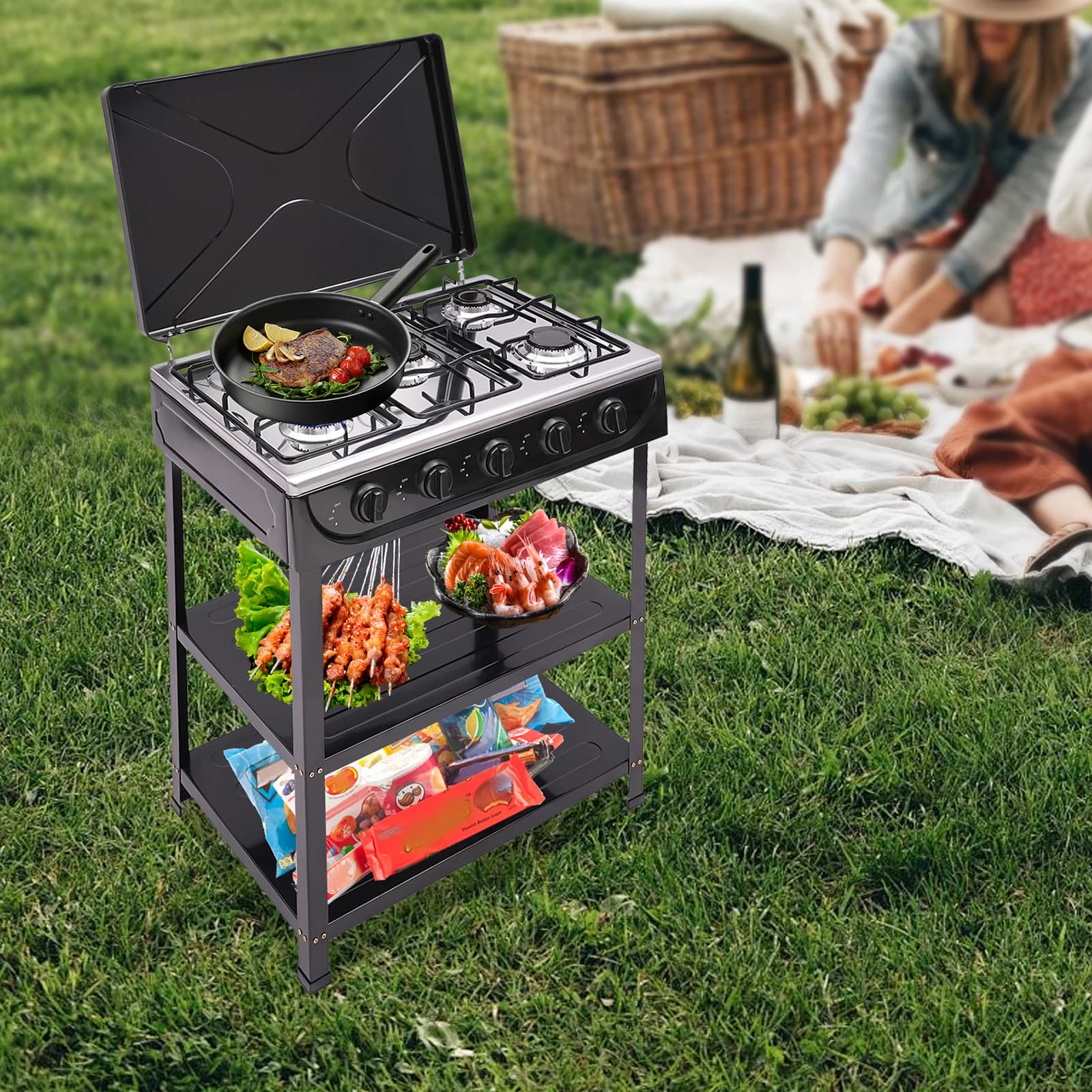 Fornello a gas propano, bruciatore per barbecue da campeggio all'aperto a 5 fuochi, griglia a gas nera per cucinare in giardino nel cortile, portatile, di grandi dimensioni