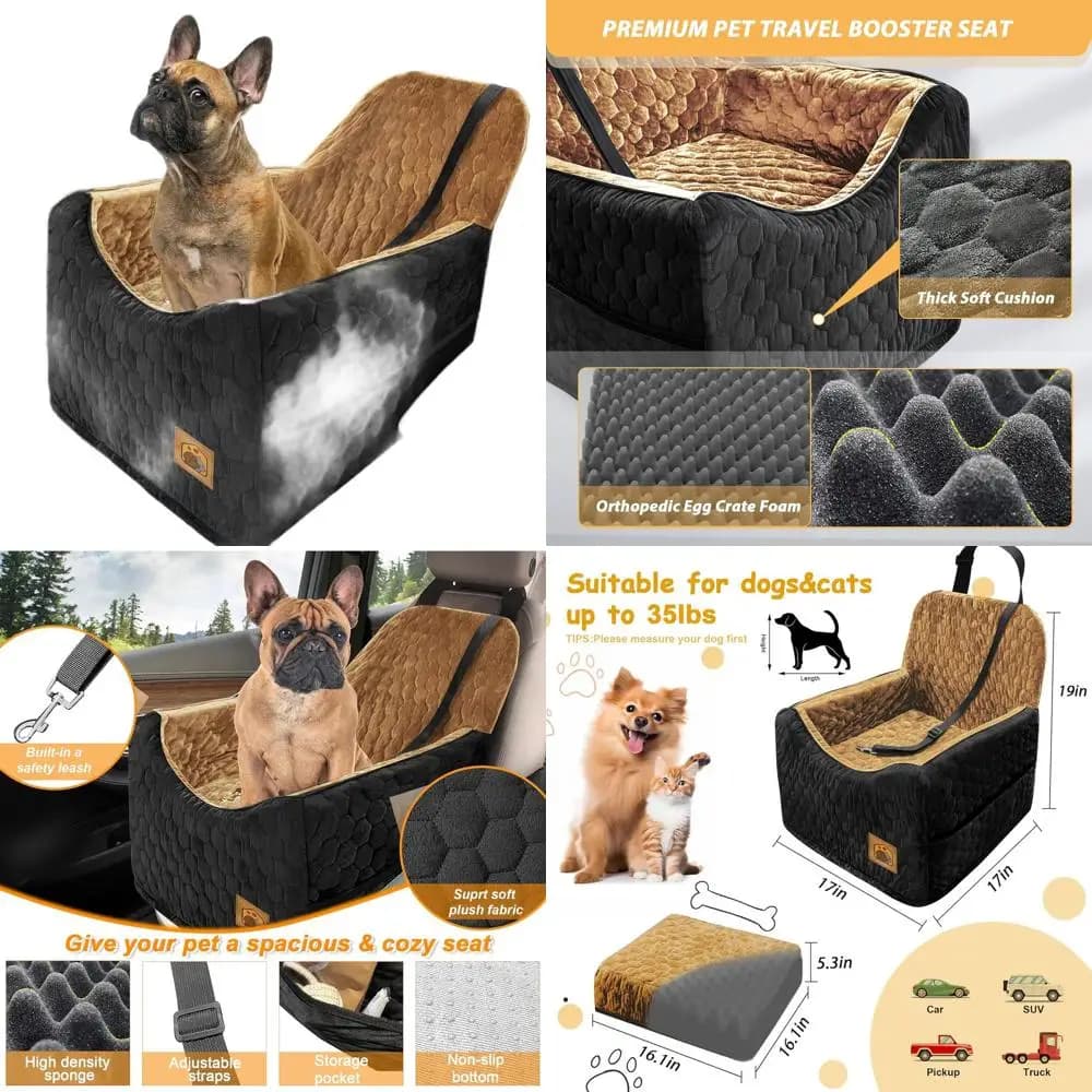 Seggiolino auto portatile per animali domestici con memory foam, rivestimento lavabile e tasche portaoggetti per cani fino a 16 kg (Nero/Marrone)