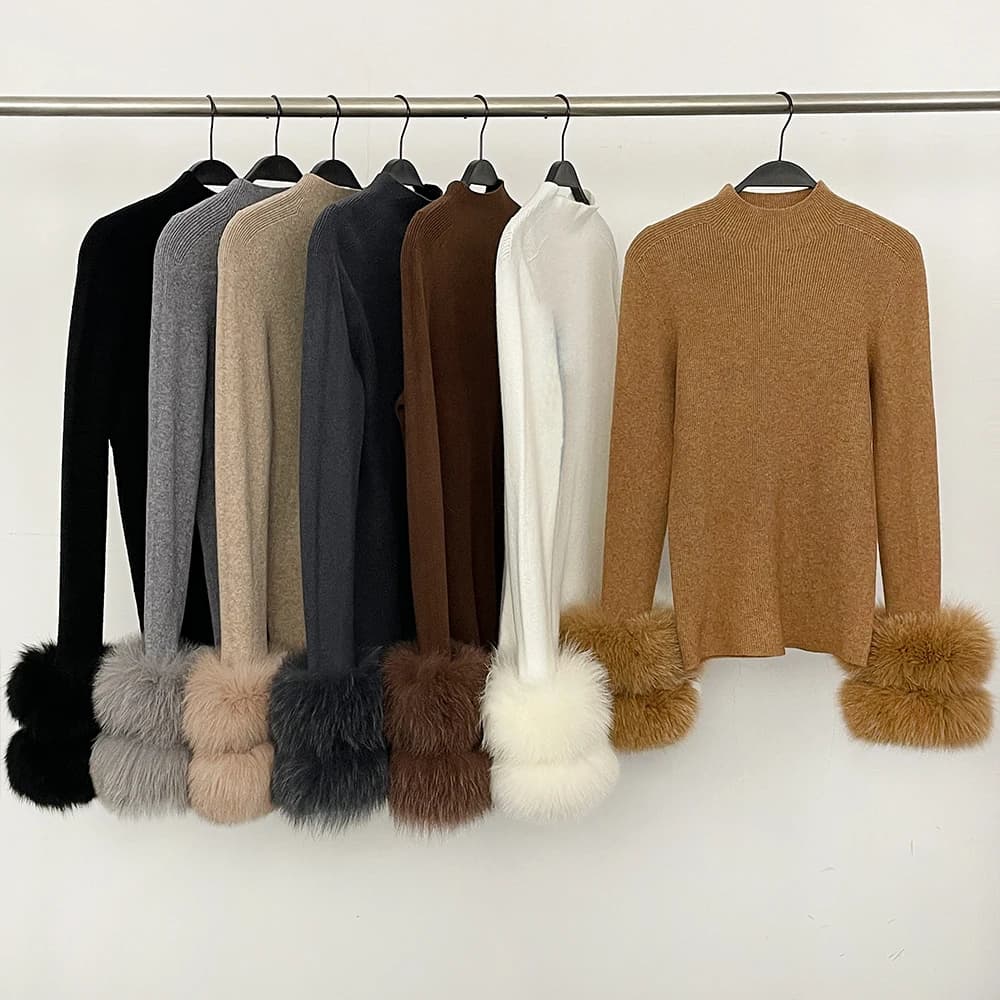 Knitwear with Real Fox Fur Cardigan for Women Natural Fox Fur Cuffs Slim Women's Turtleneck Top Clothes Female Sweater Warm