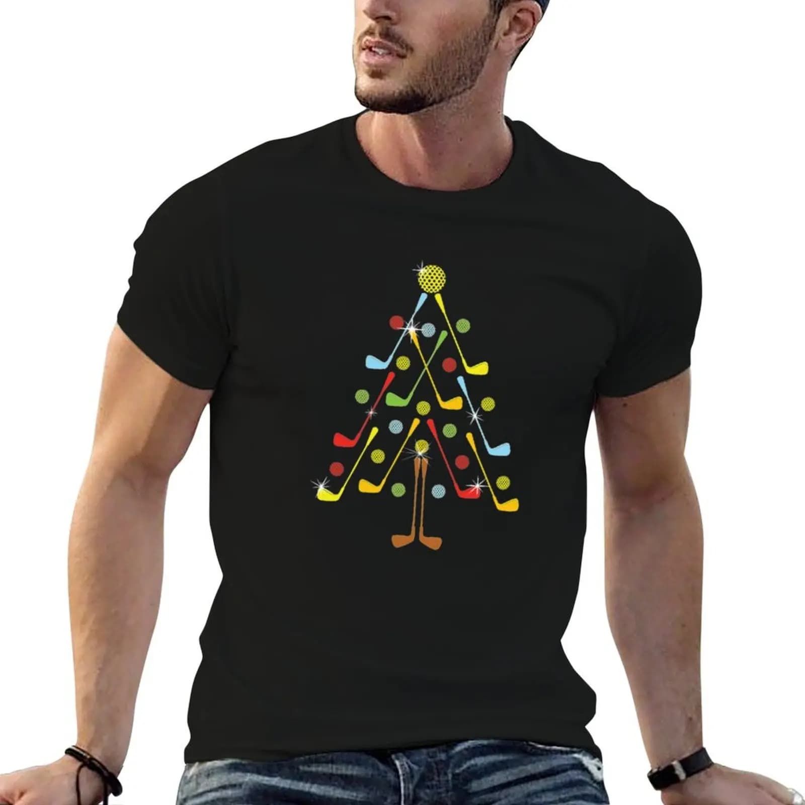T-shirt da uomo in cotone nero tinta unita con stampa Albero di Natale, palline da golf e maschera
