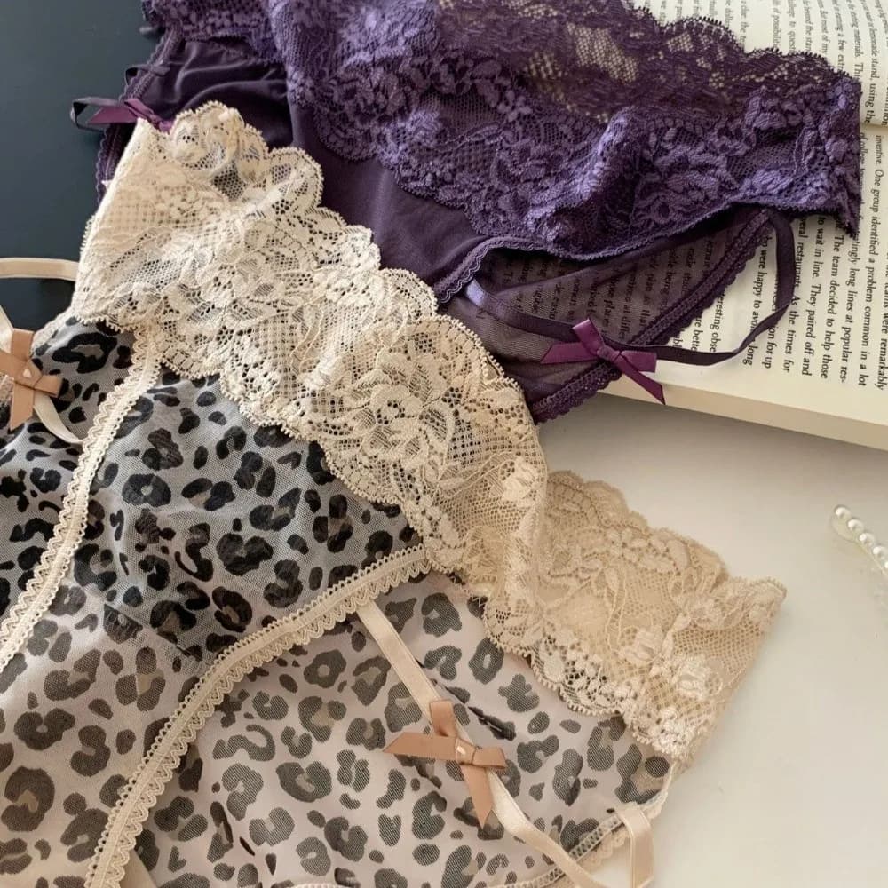 Comfortable Seamless Triangle Underwear Hollow Out Mesh Transparent Lace Panties Thin Lingerie Leopard Print Briefs Intimates