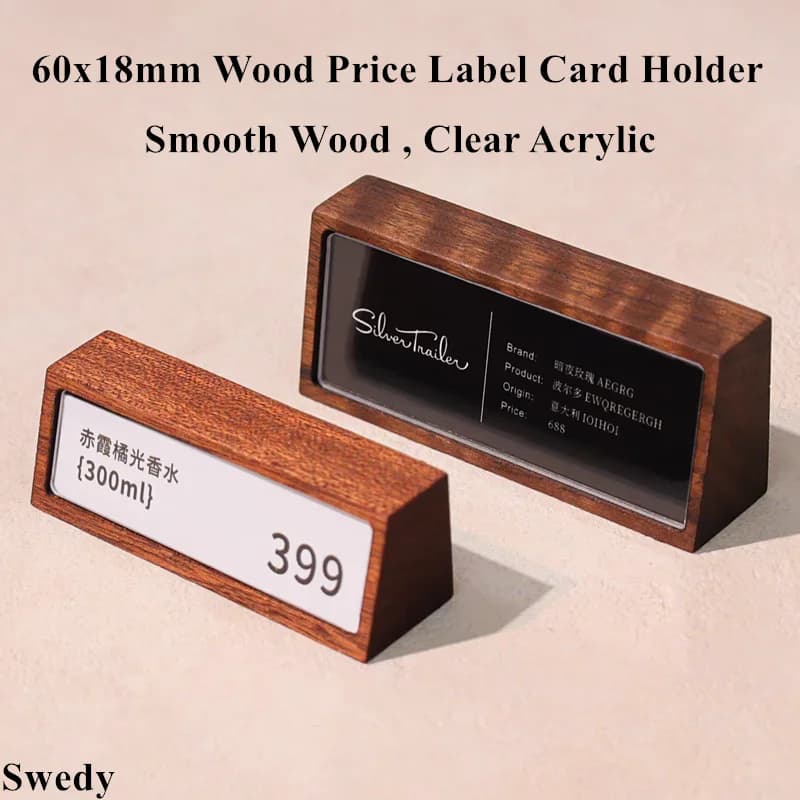 Set di 6 Portaetichette in Legno e Acrilico 60x18mm, Espositori per Prezzi, Porta Menu, Porta Cartellini, Supporto per Esposizione