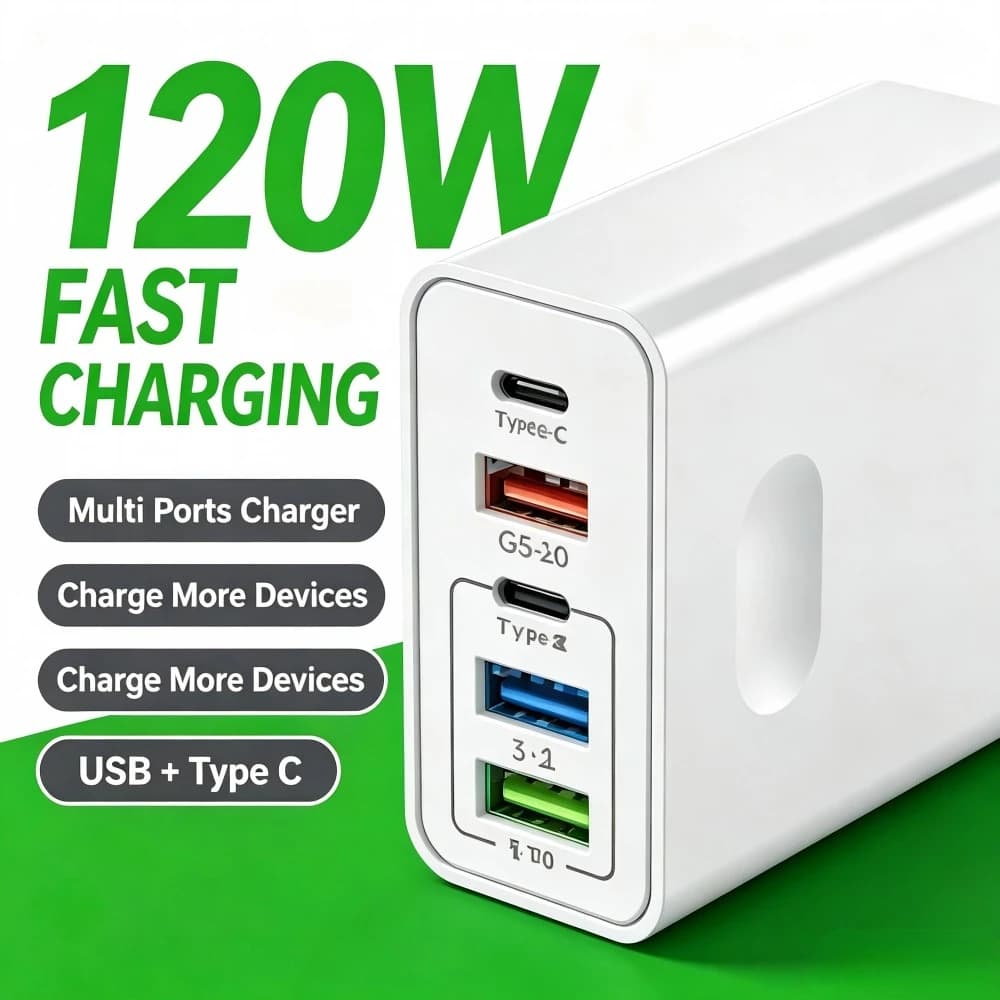 120W Multi Ports Mobile Phone Charger QC3.0 USB-C Wall Power Adapter EU/US/UK Plug For iPhone Samsung Xiaomi Type Charger Socket