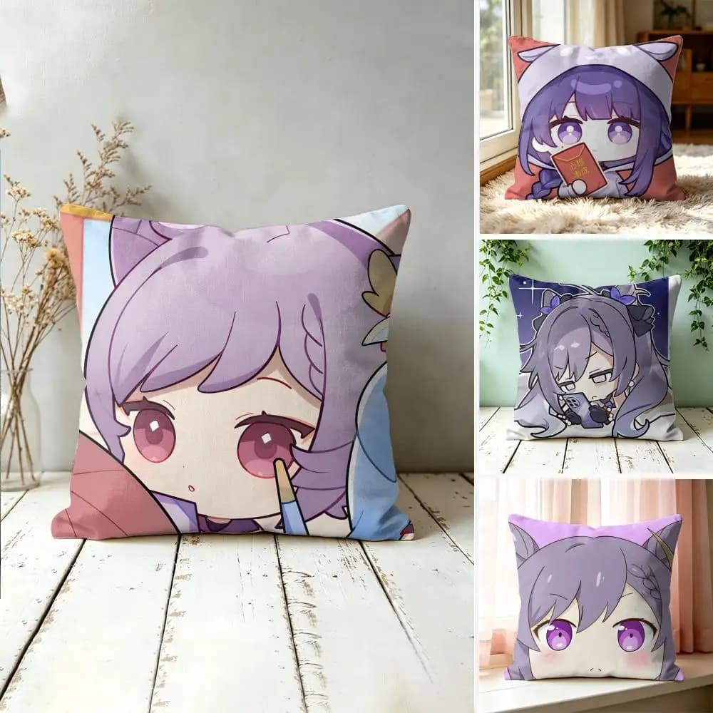 Keqing Cute Genshin Impact Cushion Cover Square Short Plush Pillow Case Living Room Sofa Home Decor Funda 40X40