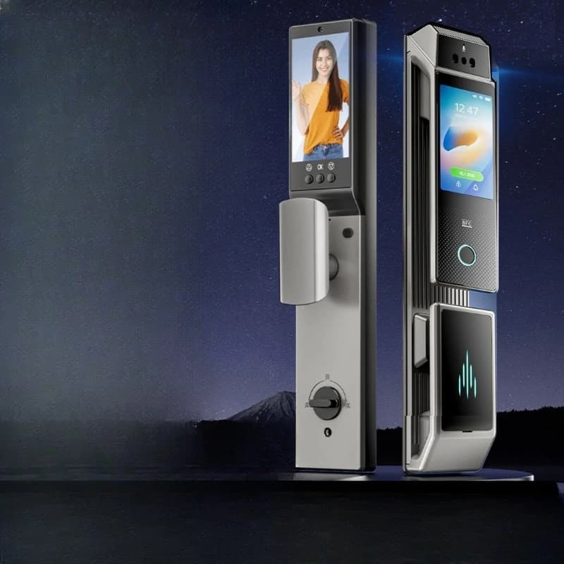 Serratura intelligente con doppio schermo, doppia fotocamera, riconoscimento facciale, blocco impronte digitali interne ed esterne, visione notturna a colori e riconoscimento facciale.