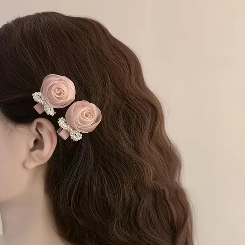 Fermaglio per capelli a fiocco con perle finte rosa per donna, clip laterale per frangia dall'atmosfera dolce, accessorio per capelli a becco d'anatra