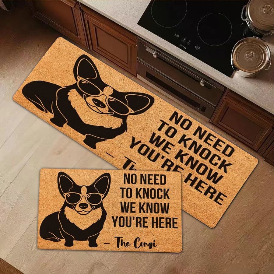1/2/3Pcs Flannel Kitchen Mat—Funny Corgi Door Mat No Need To Knock We Know You Are Here Print Entrance Rug Non-Slip Flannel Floor Carpet Decorative Home Entryway Mat—Soft,Comfortable,Suitable For Bathroom,Bedroom,Kitchen,Laundry Room
