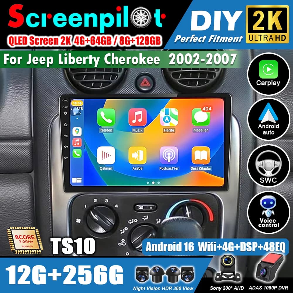 Android 16 For Jeep Liberty Cherokee 2002-2007 Autoradio Carplay Auto Car Radio Navigation Video Player Multimedia NO 2 Din