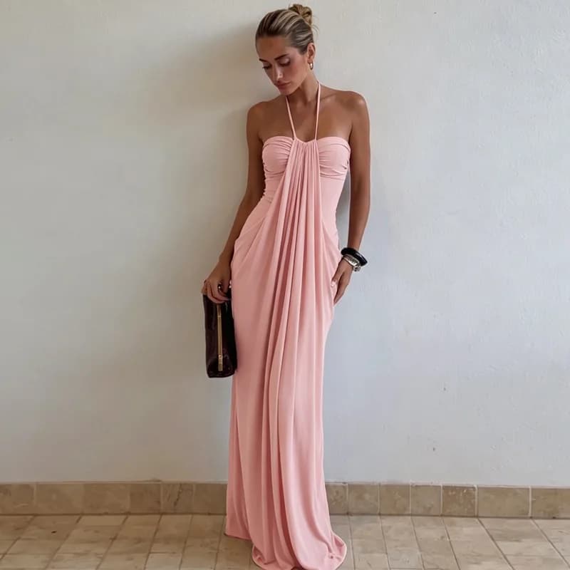 2026 Summer New Women's Vacation Style Solid Color Tie-up Sexy Backless Strapless Halter Dress Birthday Dress Outfits Robe Sexy