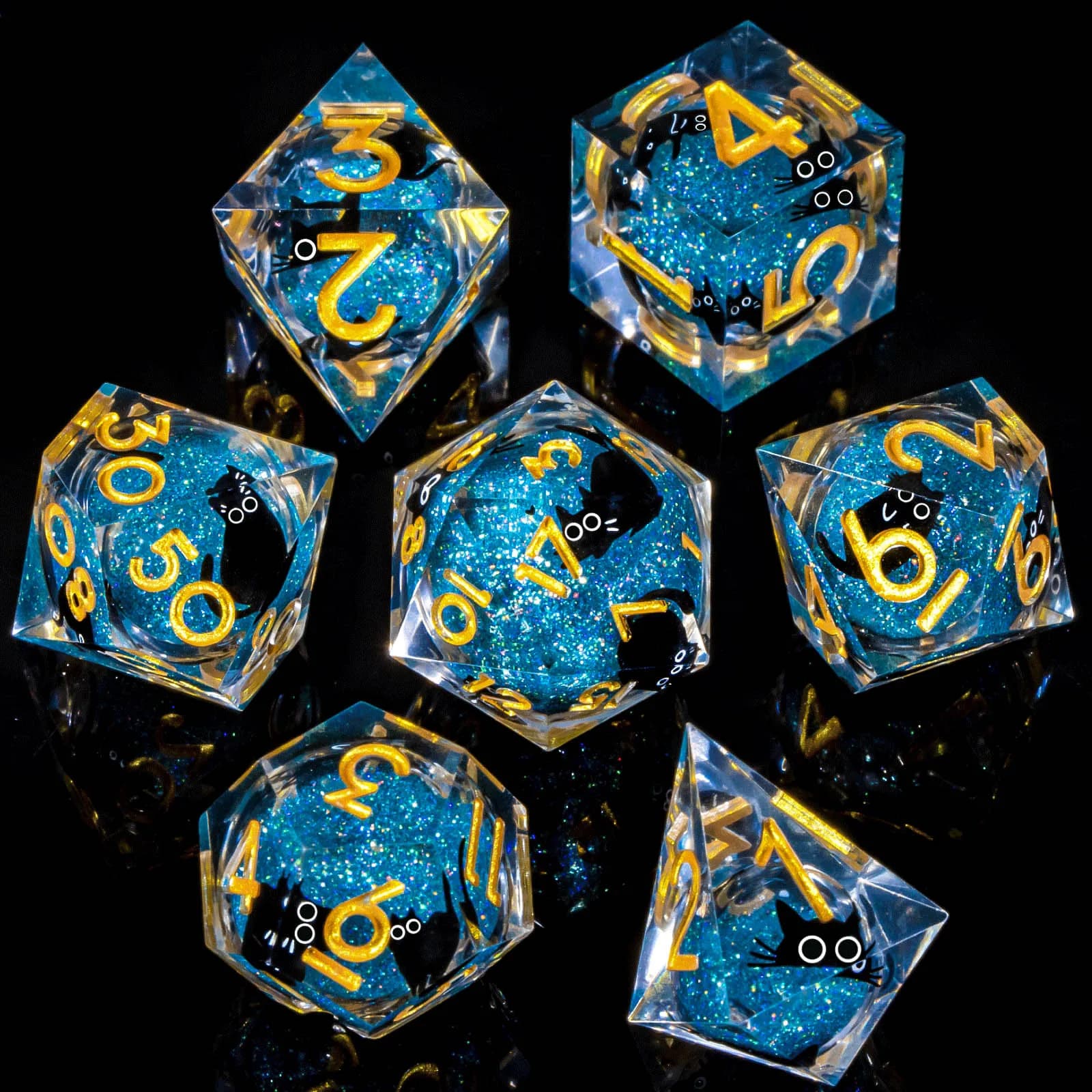 Set di dadi DND Cat Liquid Core, set di dadi Dungeon e Dragon in resina con bordo affilato, giochi di ruolo D e dadi D20 D12 D10 D8 D6 D4