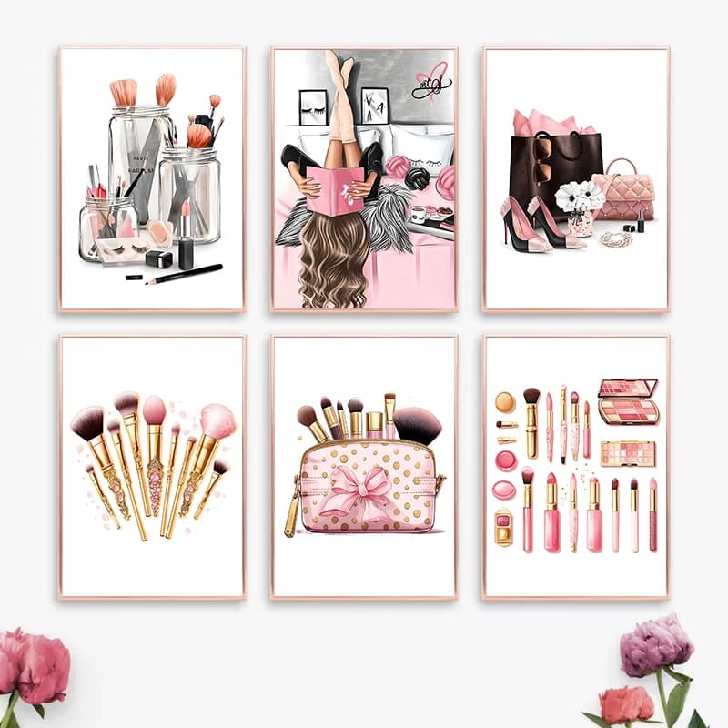 Poster di Moda Femminile Rosa con Collezione di Trucchi, Ciglia, Rossetto e Profumo, Quadri Diamantati da Parete per Arredamento Casa e Camera da Letto