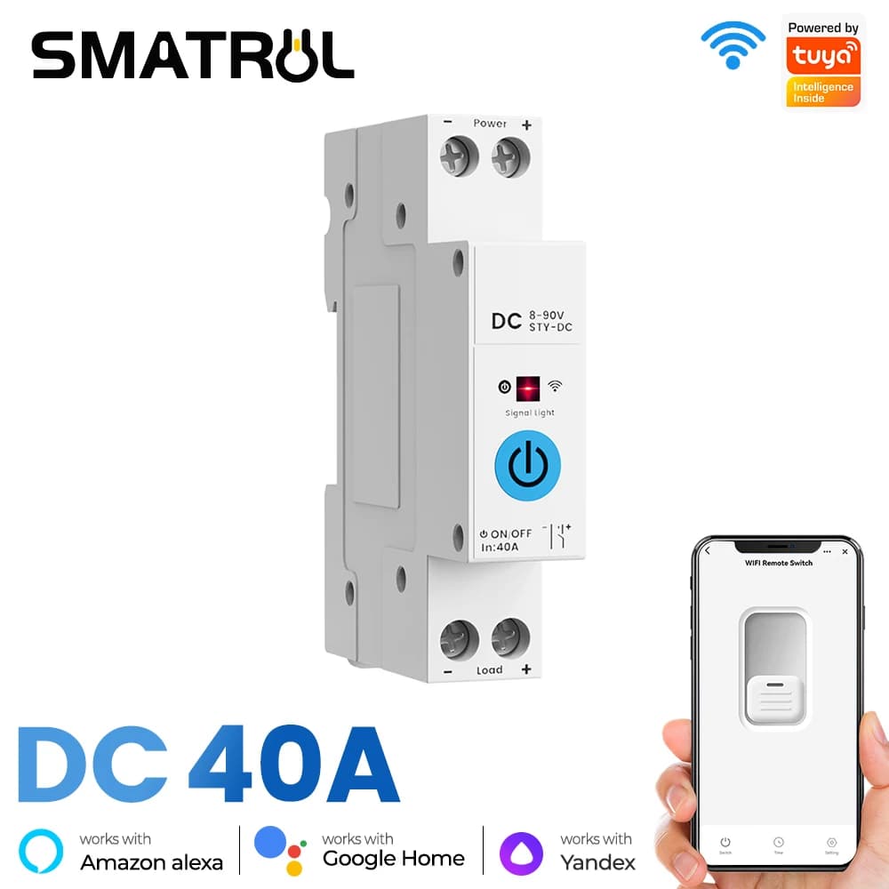 SMATRUL WiFi DC Smart Switch Tuya 40A DC Circuit Breaker Maintenance Lock & Power Failure Memory, 4 Timers + Countdown Solar PV,