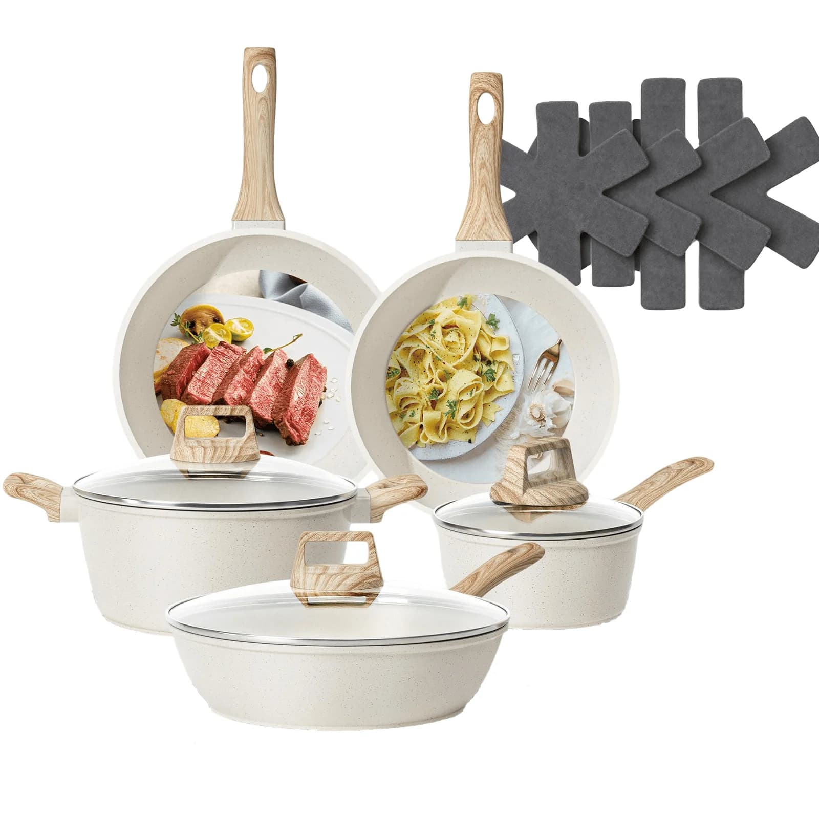 Set di pentole antiaderenti in granito da 12 pezzi - Include padella, pentola, vaporiera, spatola e pinze - Nero - Per cuochi casalinghi e famiglie - Perfetto per la cucina quotidiana e come accessorio da cucina da regalare