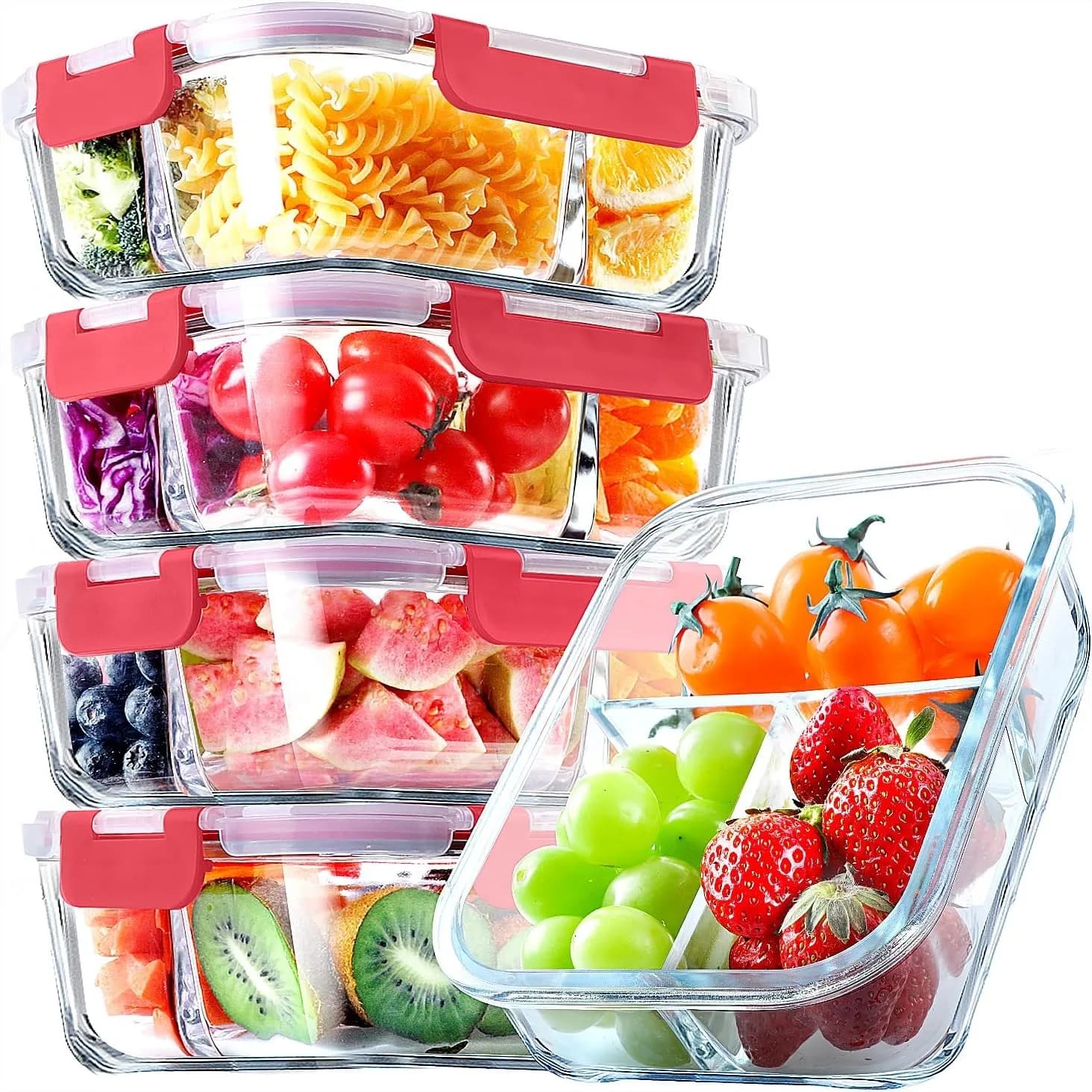 Contenitori in Vetro per Preparazione Pasti, Set da 5 con 3 Scomparti, Contenitori Ermetici da 36OZ per Microonde, Forno, Congelatore e Lavastoviglie