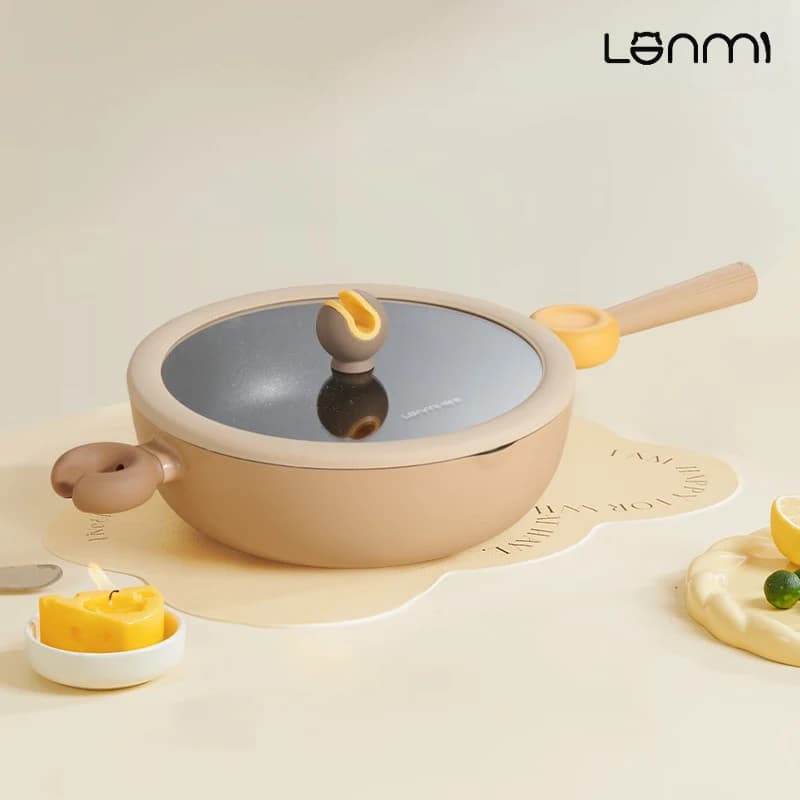 LANMI 28CM Multifunctional Frying Pan Detachable Handle Aluminum Non-stick Wok with Visual Lid Multifunctional Wok for Cooking