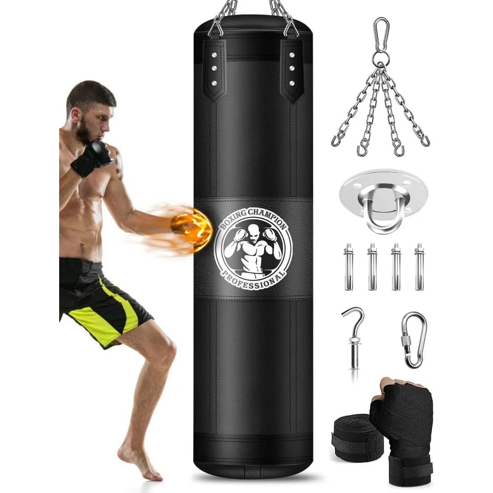 Sacco da Boxe Pesante in PU da 120 cm con Gancio a Catena per Kickboxing, Muay Thai, Karate, Allenamento in Palestra Domestica, Non Riempito
