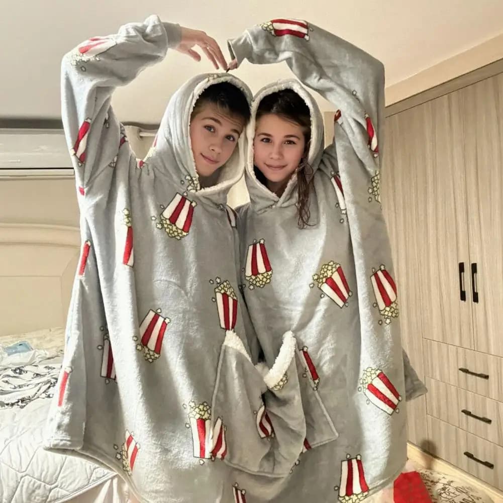 Pigiama intimo per coppie Stampa popcorn con cappuccio con doppia tasca Peluche spesso Manica lunga Integrato Due accappatoi Sonno oversize