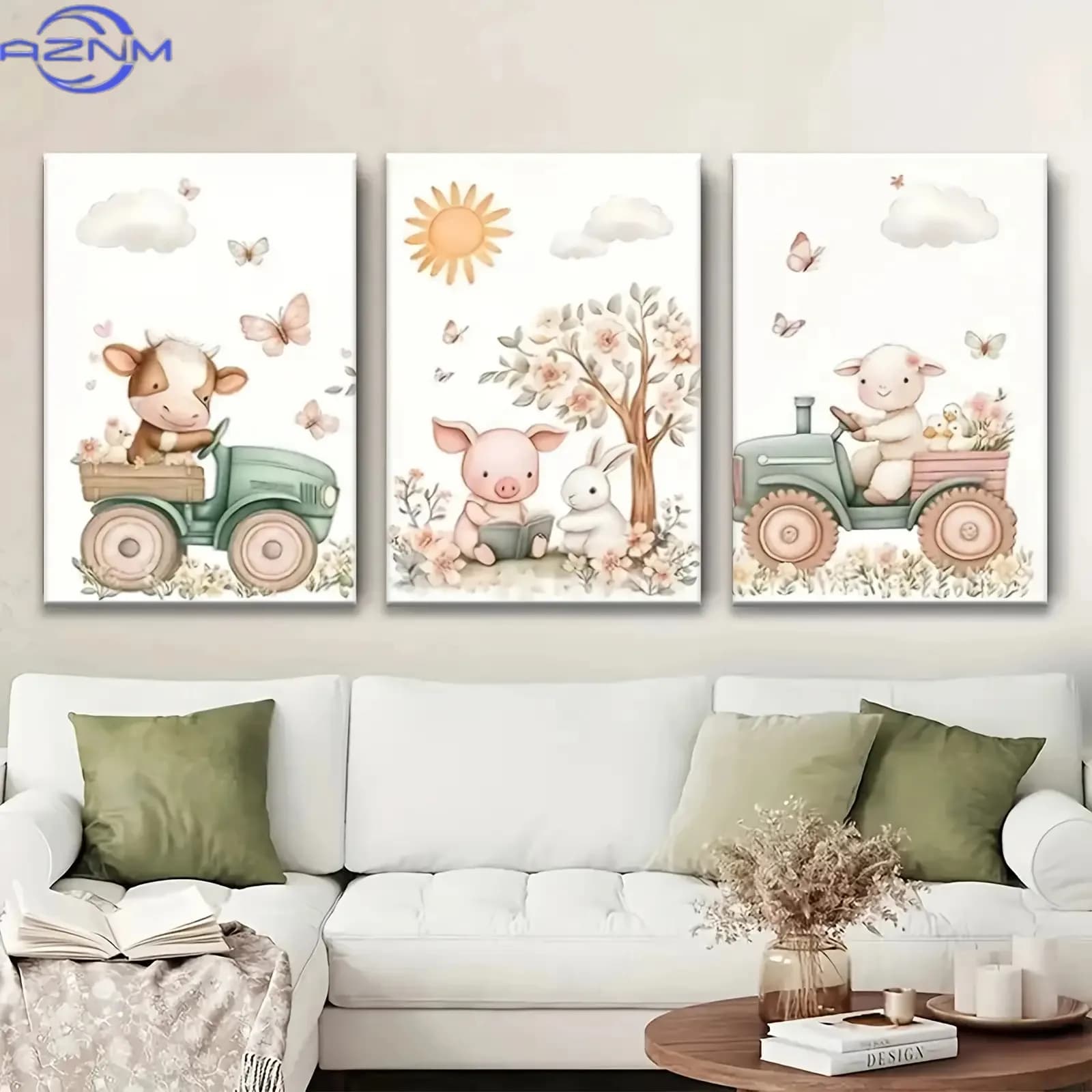3pcs Set Of Exquisite Wrapped Frame Decorative Art, Farm Cartoon Animal Poster Cow Sheep Pig Nursery Canvas Painting Printing A