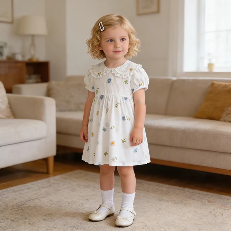 Vestito Estivo per Bambine 2026, Edizione Coreana, 2-6 Anni, in Cotone con Ricami Floreali, Manica Corta, Abito Carino