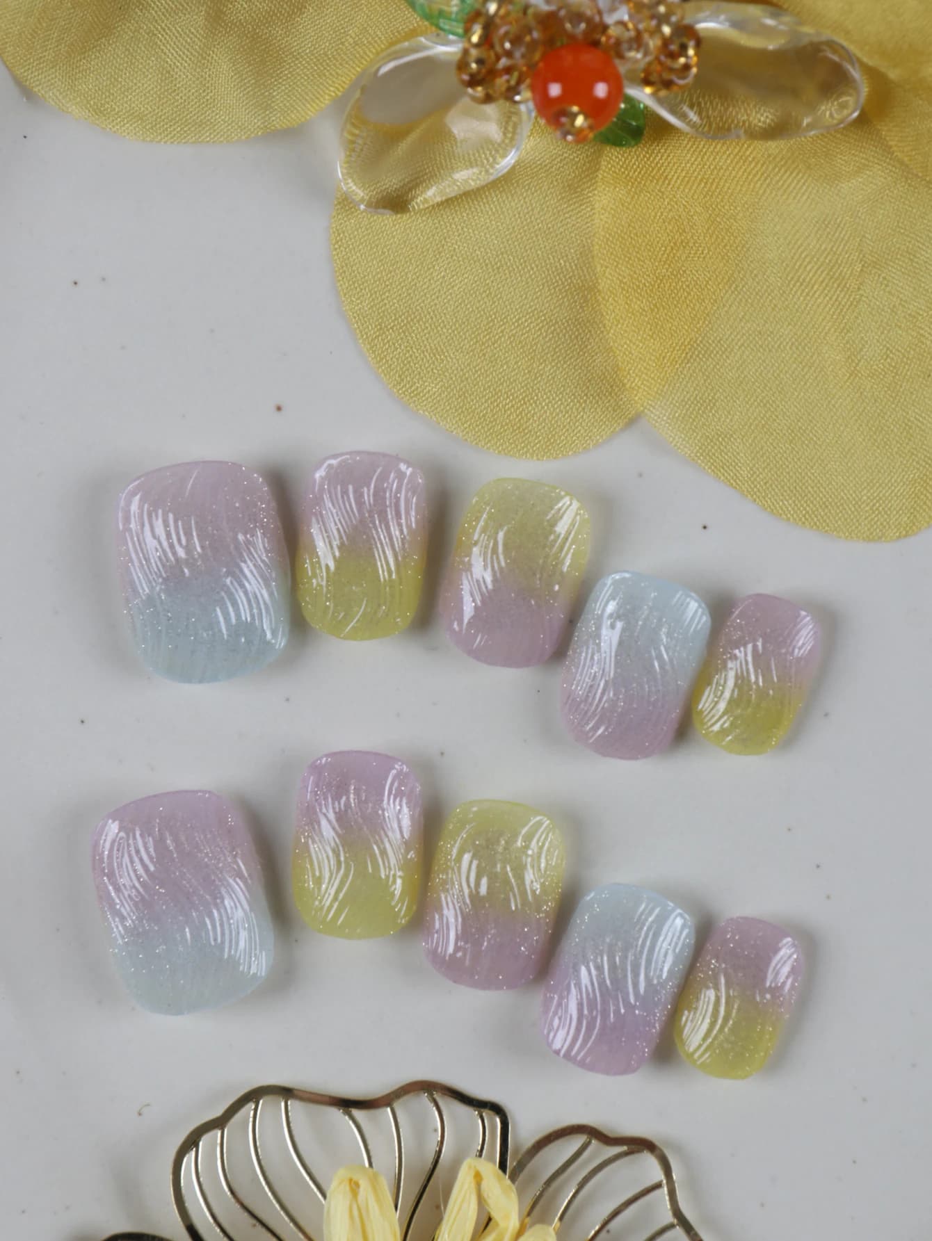 10Pcs Press on Nails Short Purple Blue Yellow Thread Press on Nails Fake Nails Includes 1 Sheet of Adhesive Tabs & 1 Pc Mini File