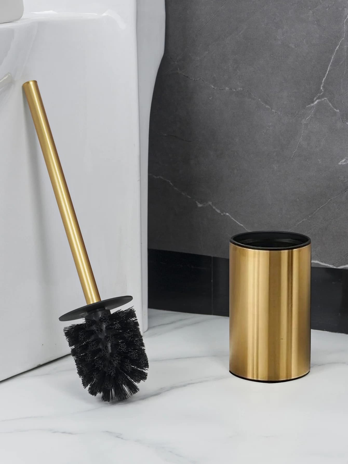 Stainless Steel Golden Round Toilet Brush with 304 Stainless Steel Long Handle and Robust Base for Deep Bath Cleaning
