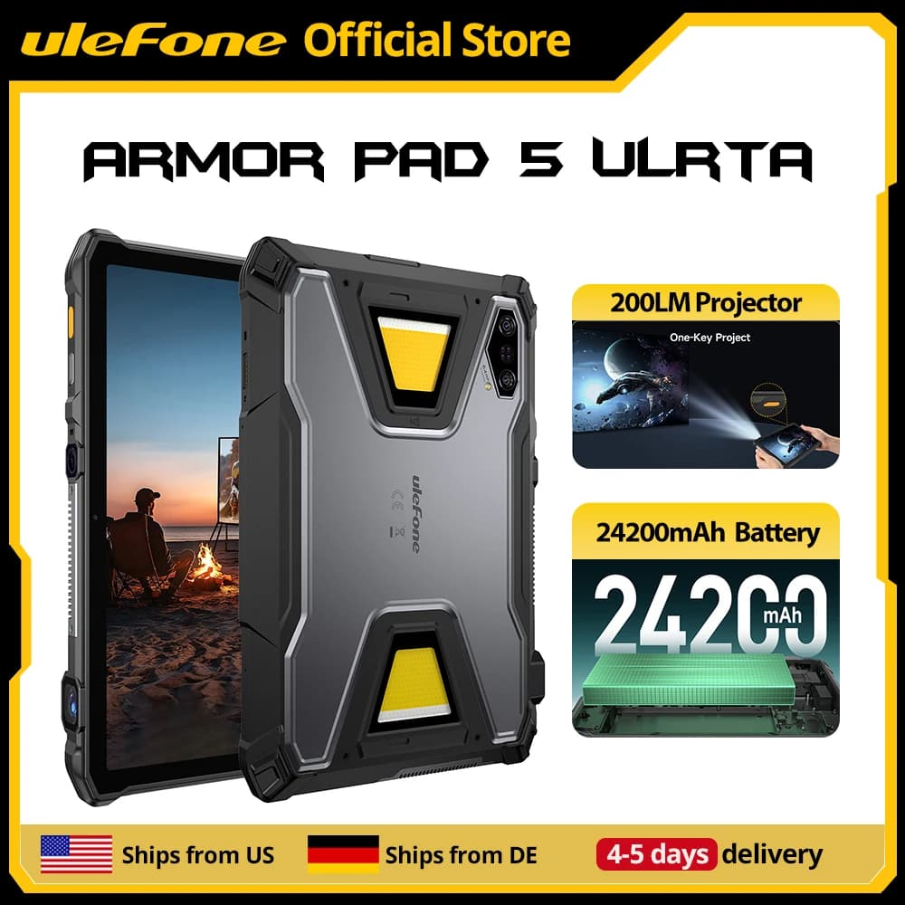 [Speed from Germany] Tablet rugged Ulefone Armor Pad 5 Ultra 5G, 200 lumen portable projector, 24200 mAh battery, 120 W fast charging, up to 12 GB RAM + 512 GB internal memory, Android 15, disp