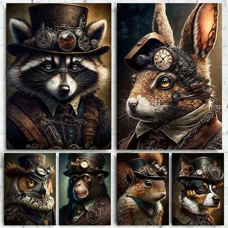 Steampunk Gatto Lupo Astronauta Coniglio Poster Arte Tela Pittura Retro Divertente Animale Tigre Gorilla Poster Soggiorno Home Decor