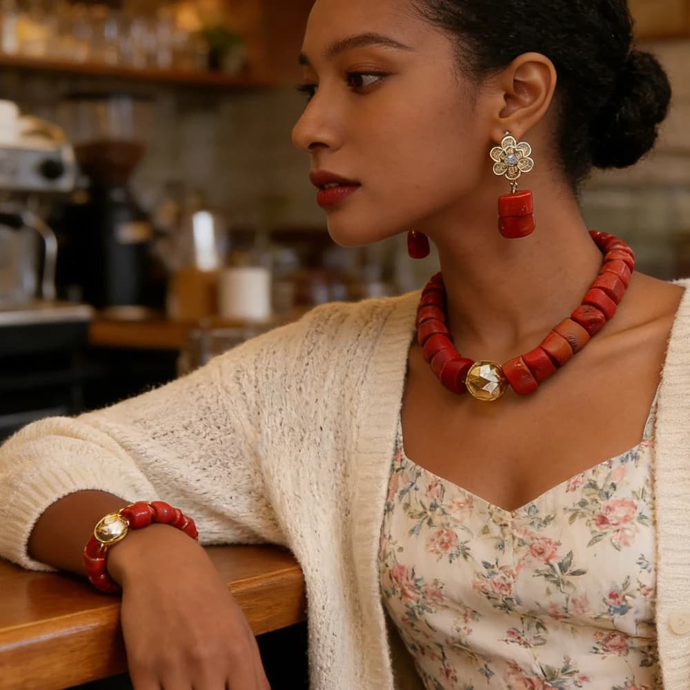 Set di Gioielli in Corallo Naturale: Collana Statement con Perle, Orecchini, Bracciale, Girocollo Bohemien Africano per Donna, Ideale per Matrimoni e Feste