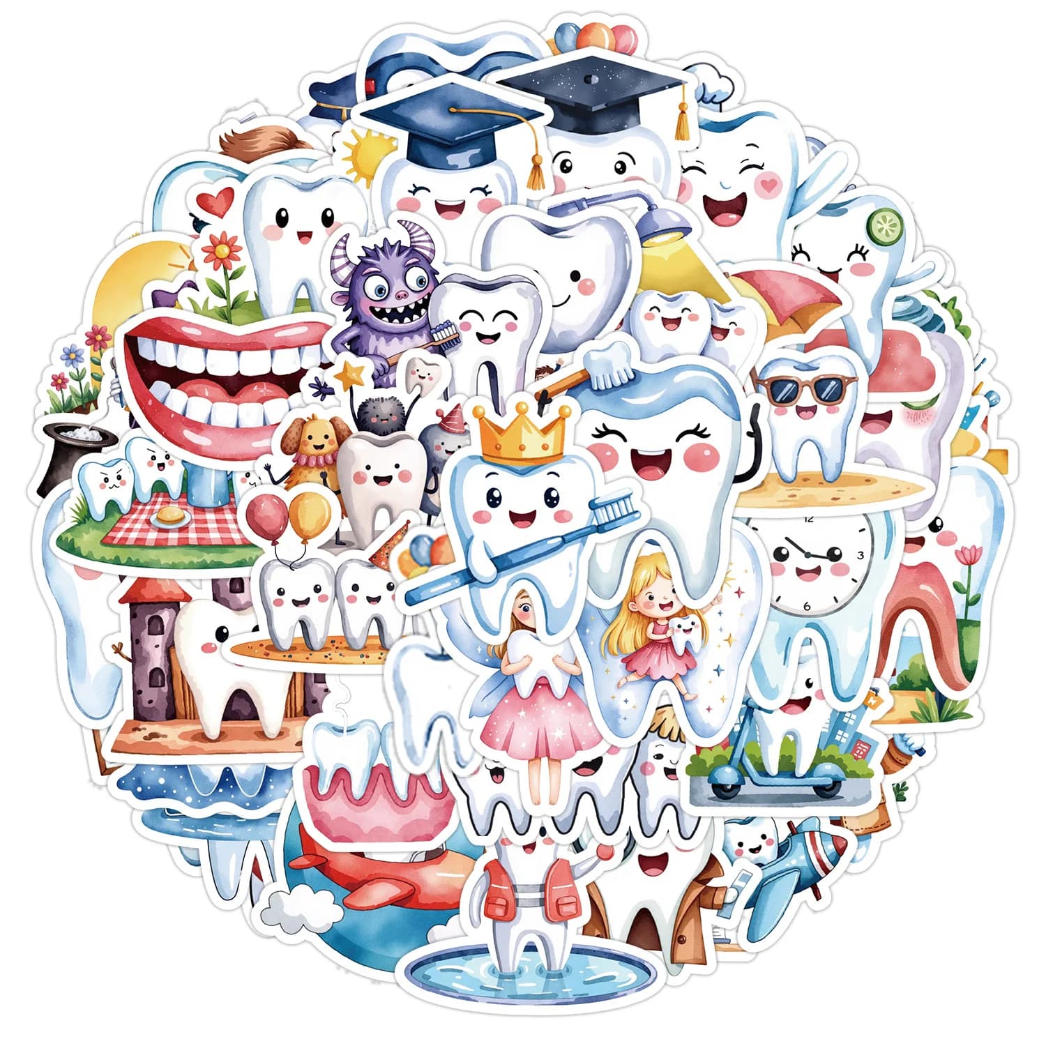 50pcs Cute Protect Teeth Graffiti Stickers for Decorative Scrapbooking Stationery Handbook Skateboard Laptop Suitcase Sticker
