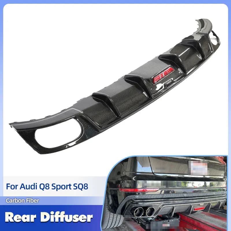 Car Rear Bumper Diffuser Lip with Light Carbon Fiber for Audi Q8 Sport SQ8 2021 2022 Rear Diffuser Apron Lip Spoiler Body Kit