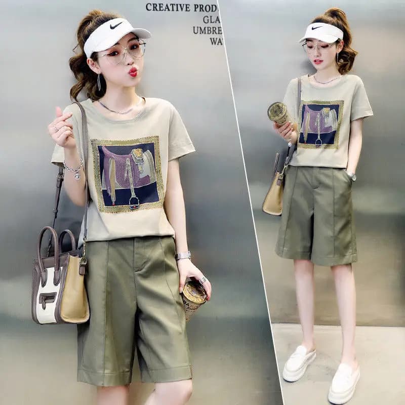 Summer Fashion Set Short Sleeved T-shirt Printed New From Women Wide Leg Shorts High Waist Set Two Piece Set