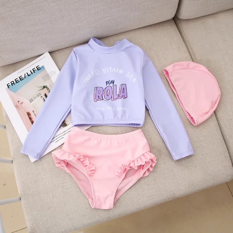 2025 Summer Newborn Korean Version Swimwear Split Set Children's Top Long Sleeves + Bikini + Swimwear Set Three Pieces Swimwear for Girls