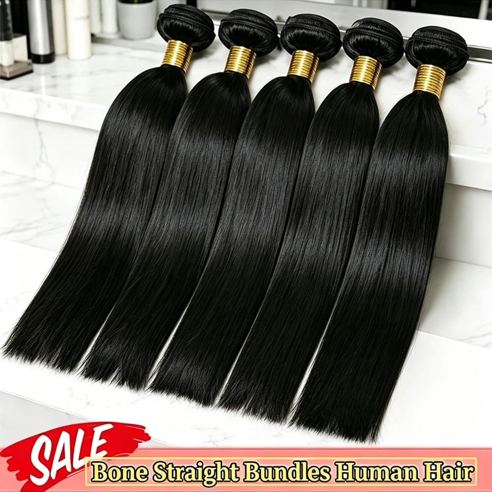 12A Bone Straight Double Drawn 100% Human Hair Bundles Weave Raw Virgin Hair Extensions #1B Natural Black Color Can Bleach For Women